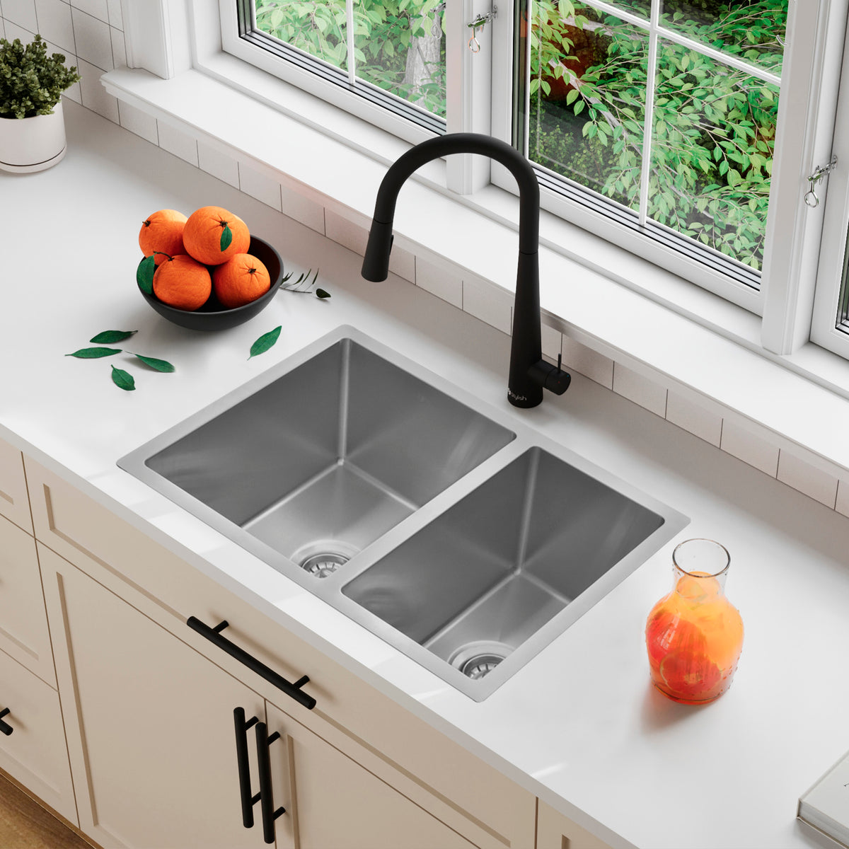 Stylish Altea 25" Dualmount Double Bowl Kitchen Sink 18 Gauge Stainless Steel with Grids and Standard Strainers S-425T
