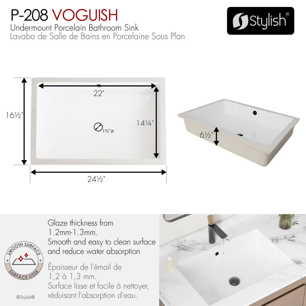 Stylish Voguish 24 1/2" White Rectangular Undermount Bathroom Sink P-208