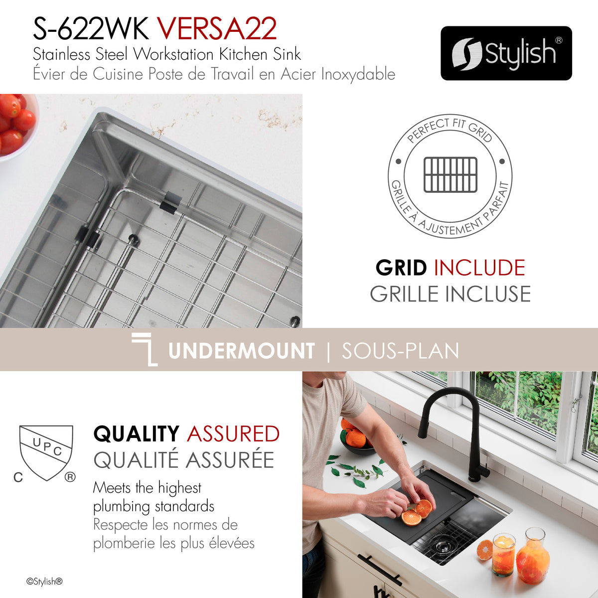 Stylish Versa 22" Workstation Single Bowl Undermount 16 Gauge Stainless Steel Kitchen Sink with Black Cutting Board Included S-622WK