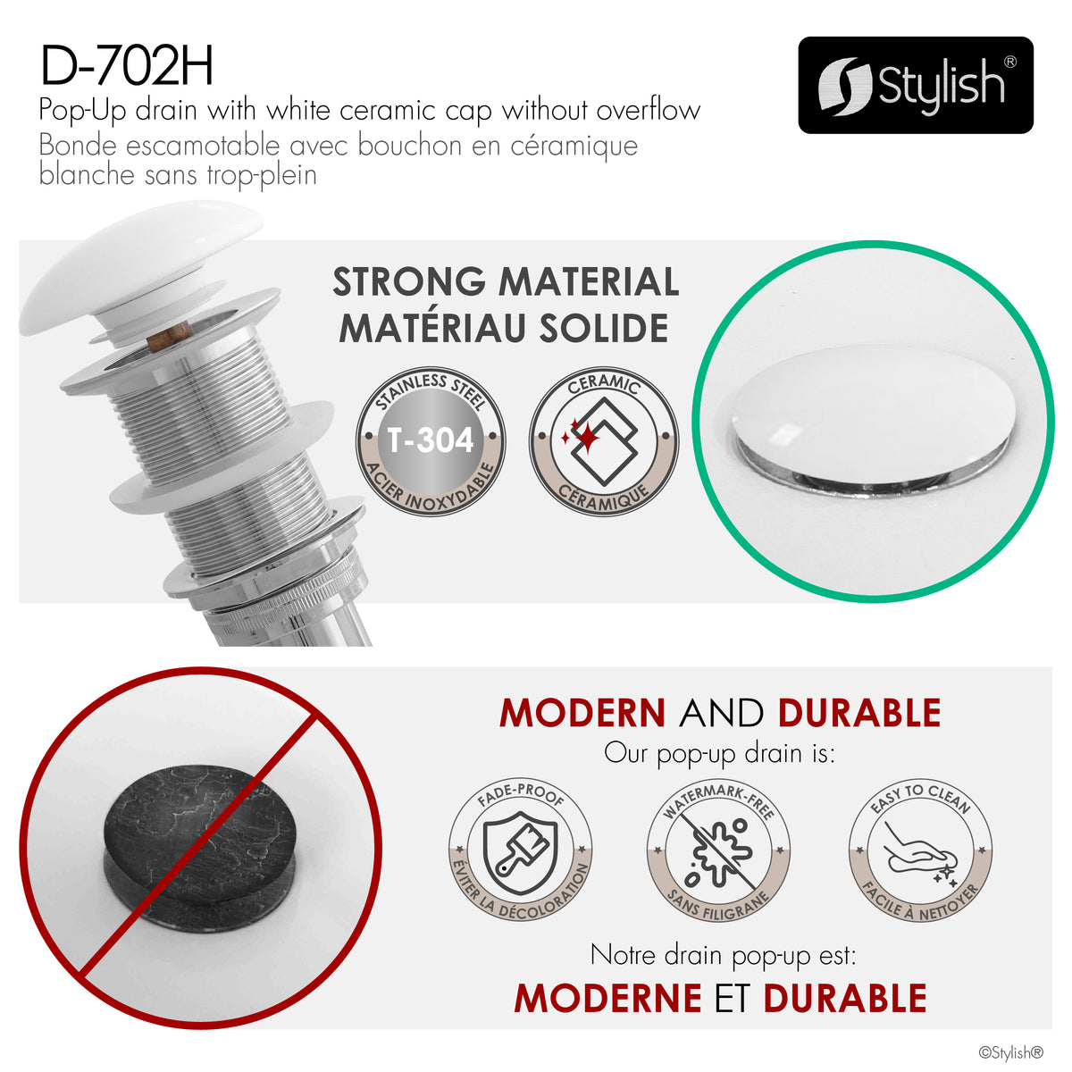 Stylish Vessel Sink Pop-Up Drain with White Ceramic Cap Without Overflow Set of 2 D-702H-2