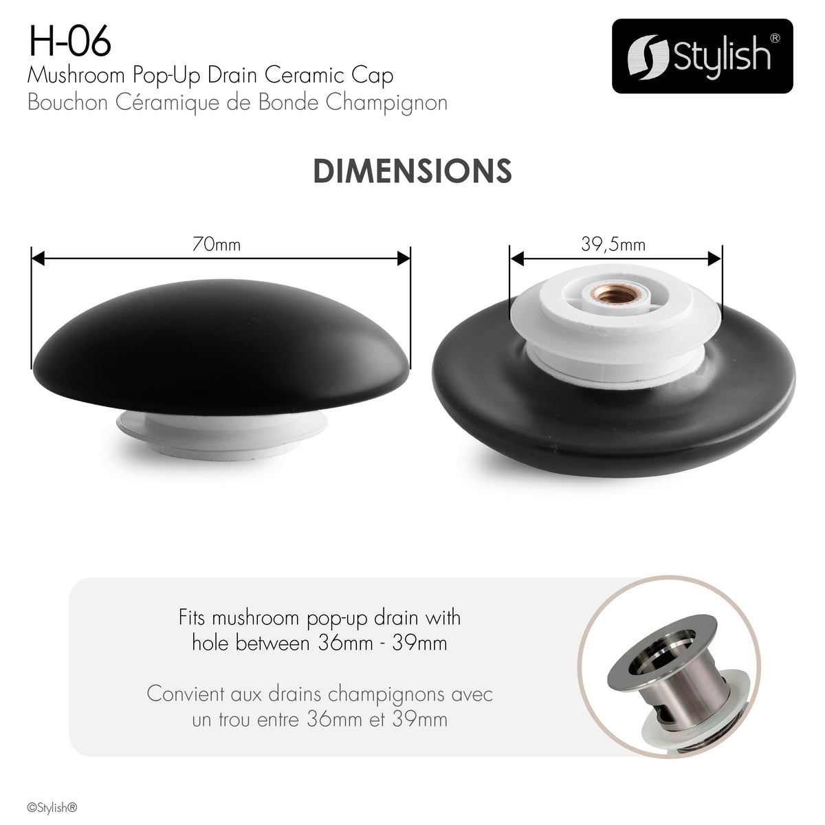 Stylish Pop-Up Drain Matte Black Ceramic Cap H-06