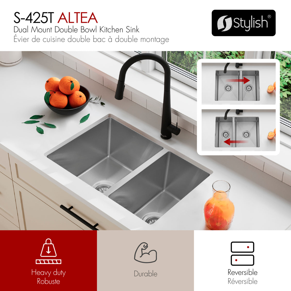 Stylish Altea 25" Dualmount Double Bowl Kitchen Sink 18 Gauge Stainless Steel with Grids and Standard Strainers S-425T