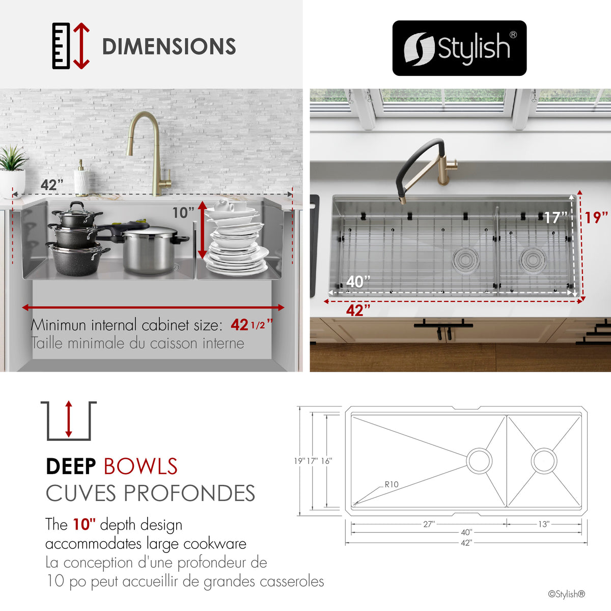 Stylish Versa 42" Workstation 70/30 Double Bowl Undermount 16 Gauge Stainless Steel Kitchen Sink with Black Accessories Included S-642WK