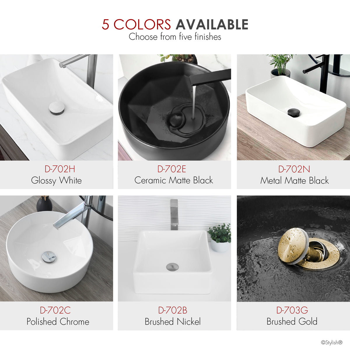 Stylish Vessel Sink Pop-Up Drain with White Ceramic Cap Without Overflow Set of 2 D-702H-2