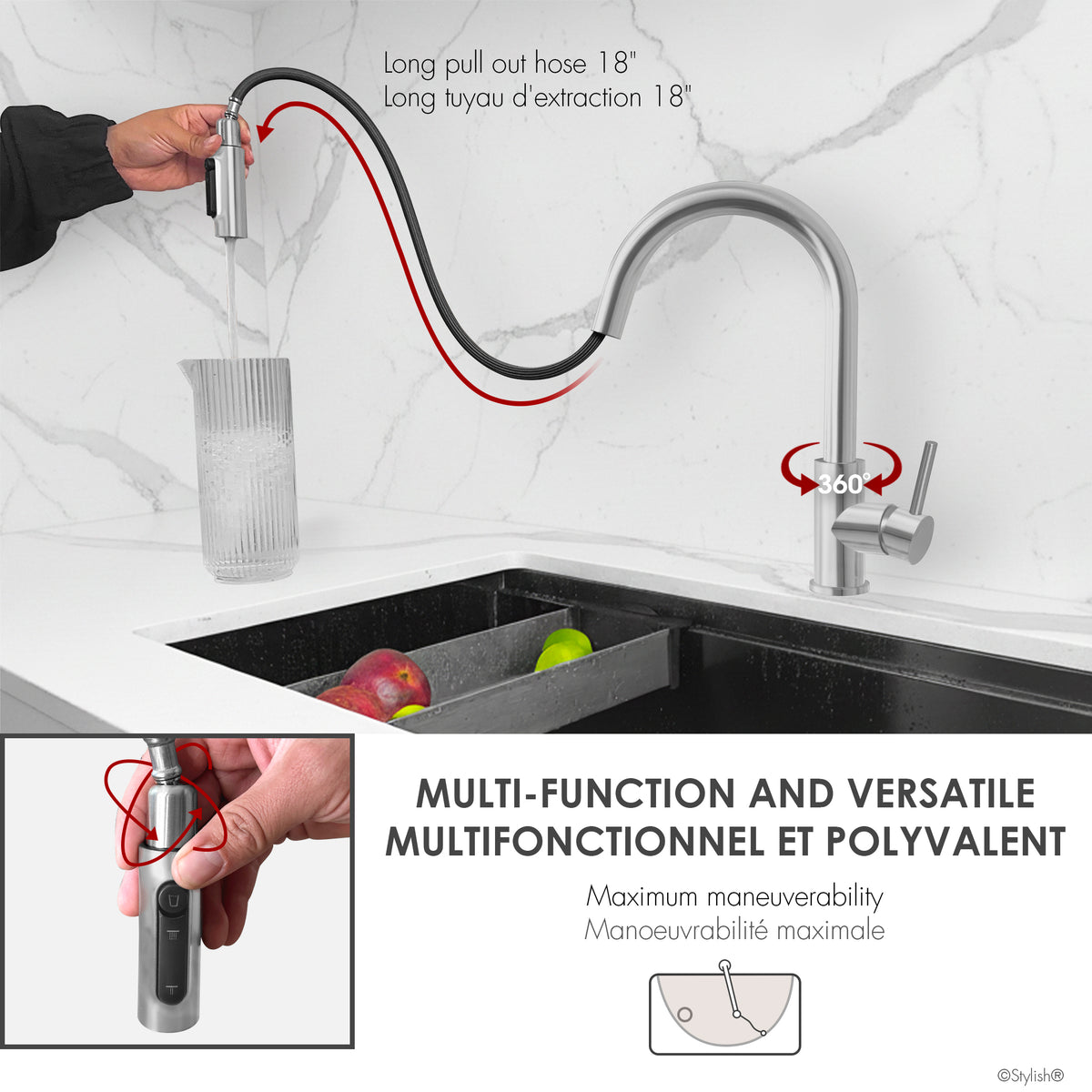 Stylish Modena Single Handle Pull Down Kitchen Faucet with Reverse Osmosis Polish Chrome K-131CR