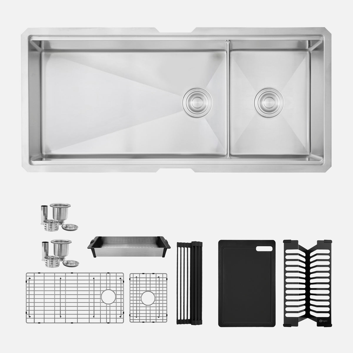 Stylish Versa 42" Workstation 70/30 Double Bowl Undermount 16 Gauge Stainless Steel Kitchen Sink with Black Accessories Included S-642WK