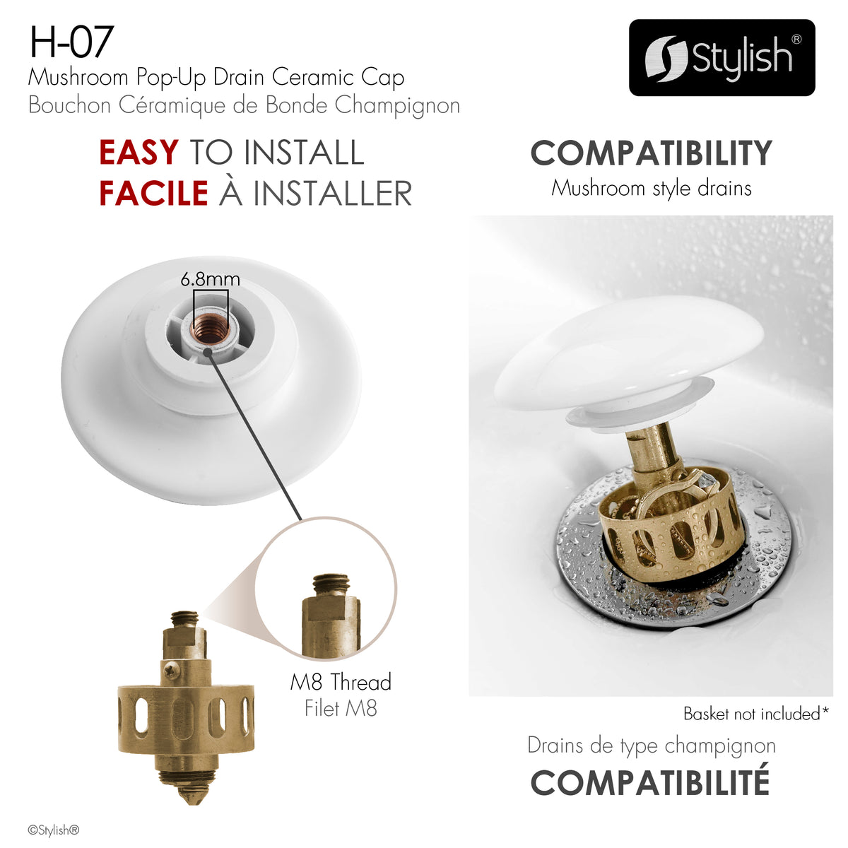 Stylish Pop-Up Drain Glossy White Ceramic Cap H-07
