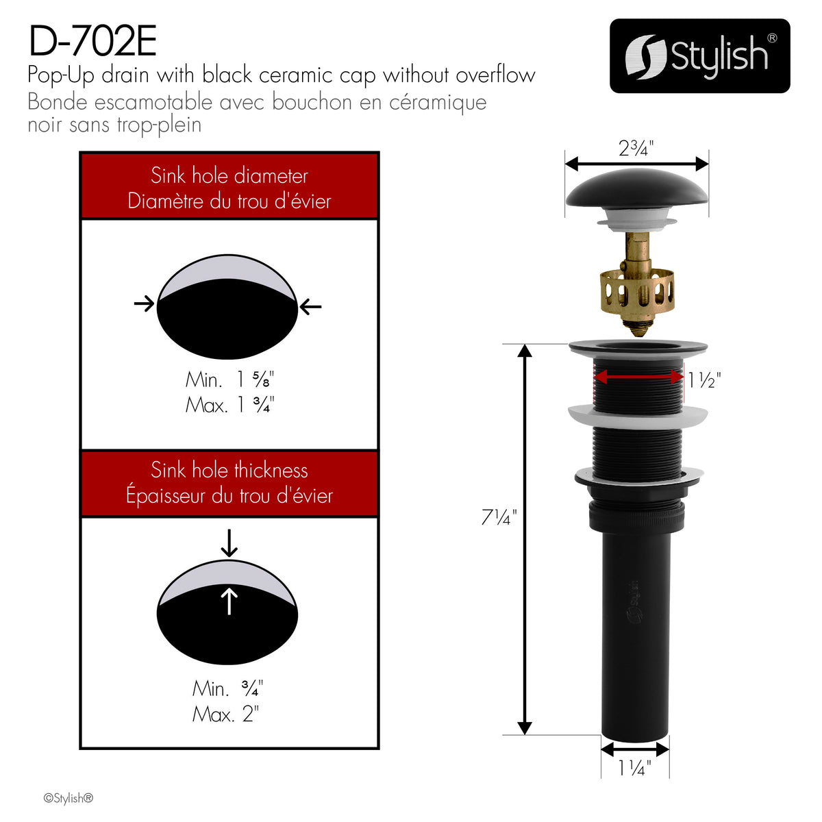 Stylish Vessel Sink Pop-Up Drain with Black Ceramic Cap Without Overflow Set of 2 D-702E-2
