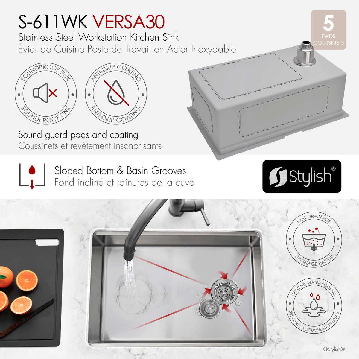 Stylish Versa 30" Workstation Single Bowl Undermount 16 Gauge Stainless Steel Kitchen Sink with Black Accessories Included S-611WK