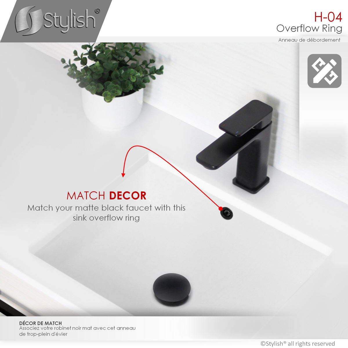 Stylish Black Matte Sink Basin Trim Overflow H-04