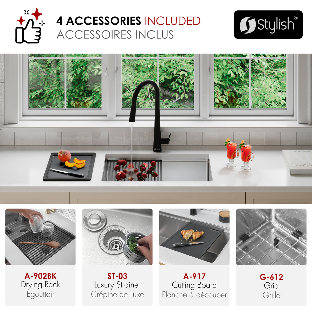 Stylish Versa 25" Workstation Single Bowl Undermount 16 Gauge Stainless Steel Kitchen Sink with Black Accessories Included S-612WK