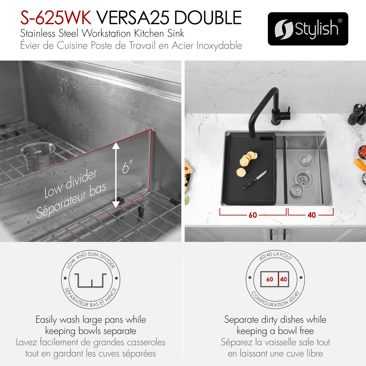 Stylish Versa 25" Workstation 60/40 Double Bowl Undermount 16 Gauge Stainless Steel Kitchen Sink with Black Accessories Included S-625WK