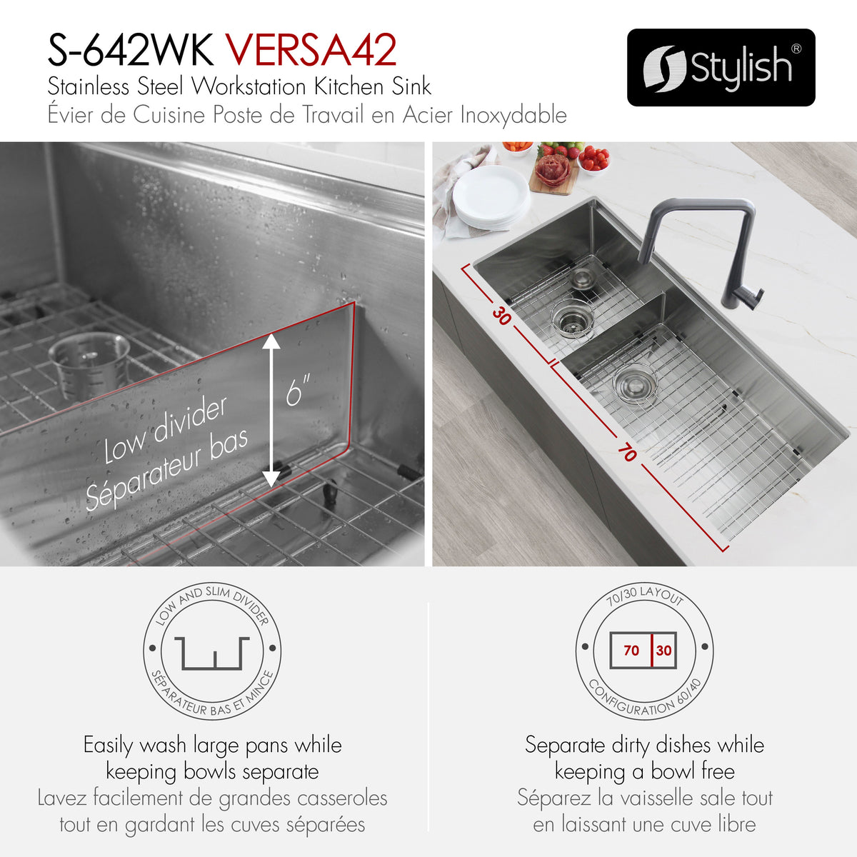 Stylish Versa 42" Workstation 70/30 Double Bowl Undermount 16 Gauge Stainless Steel Kitchen Sink with Black Accessories Included S-642WK