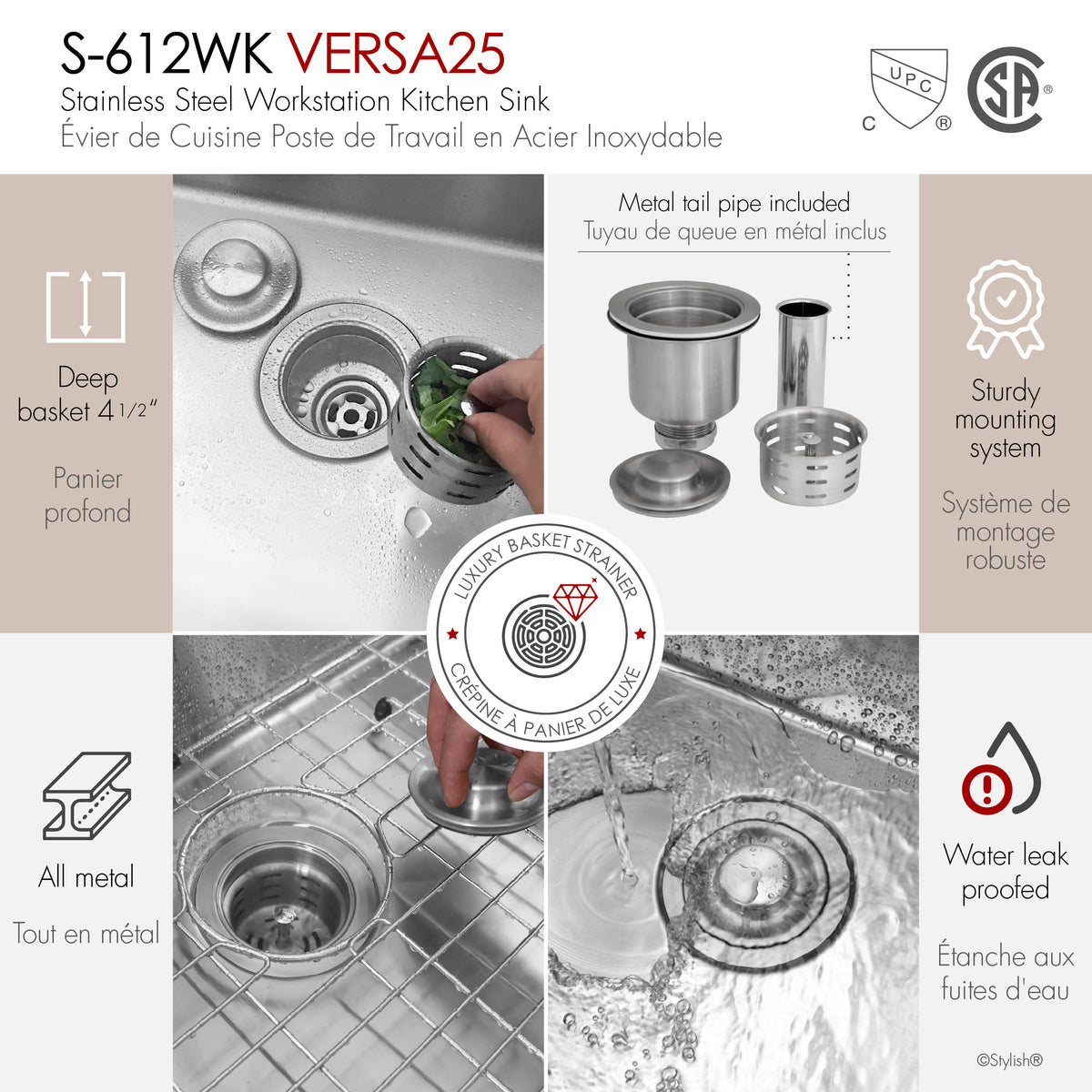 Stylish Versa 25" Workstation Single Bowl Undermount 16 Gauge Stainless Steel Kitchen Sink with Black Accessories Included S-612WK