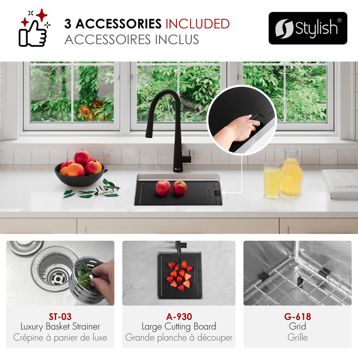 Stylish Versa 18" Workstation Single Bowl Undermount 16 Gauge Stainless Steel Kitchen Sink with Black Cutting Board Included S-618WK