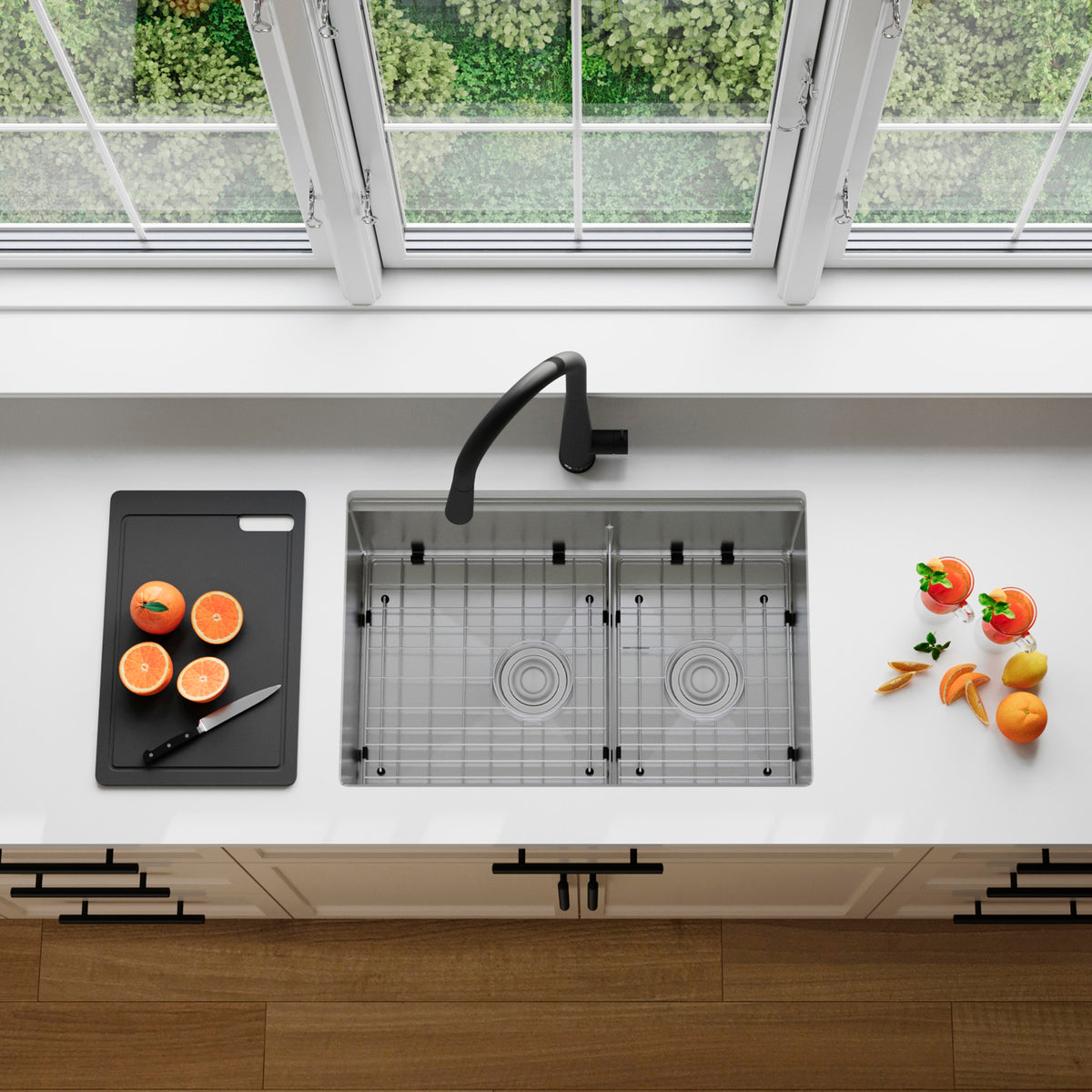 Stylish Versa 28" Workstation 60/40 Double Bowl Undermount 16 Gauge Stainless Steel Kitchen Sink with Black Accessories Included S-628WK
