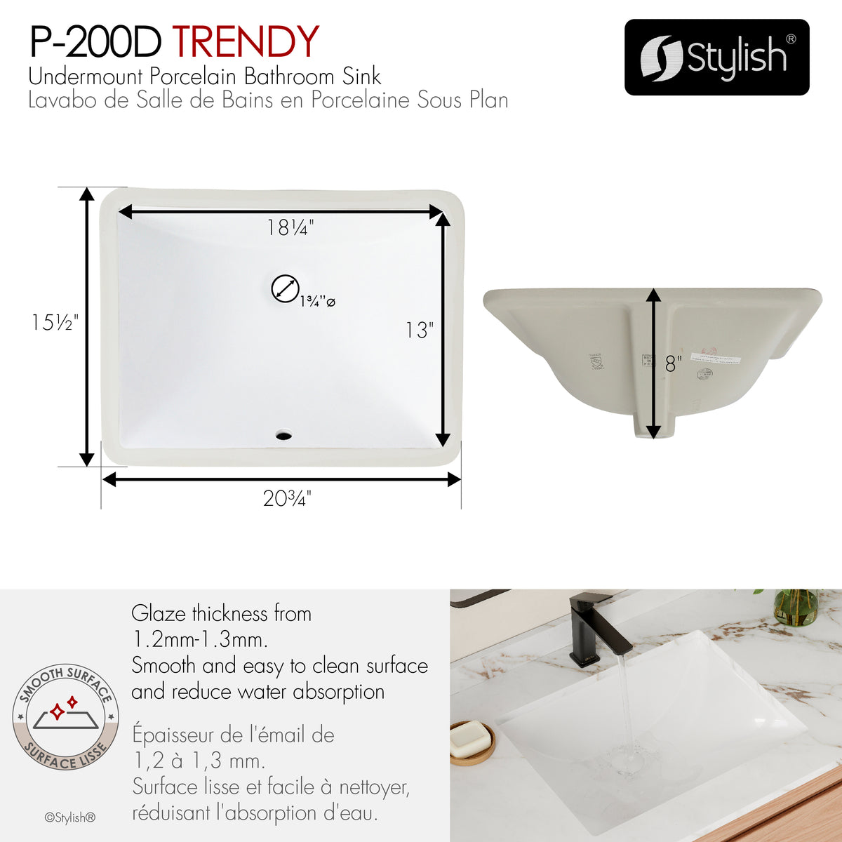 Stylish Chic 20" White Porcelain Undermount Basin Bathroom Sink with Ceramic Pop Up Drain Included P-200D