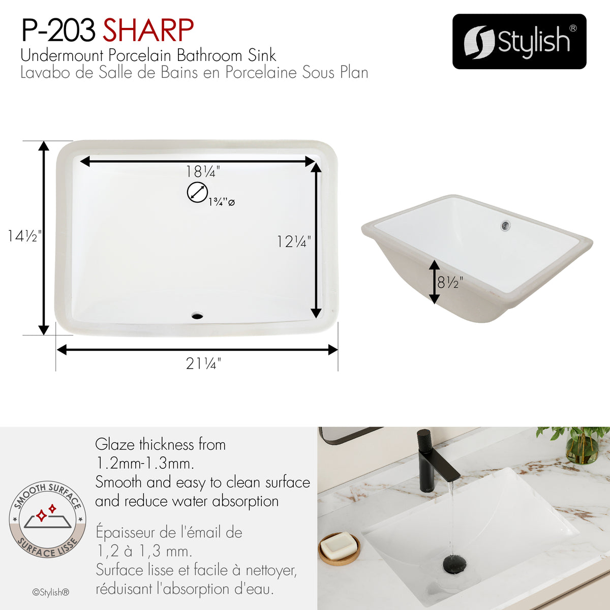 Stylish Sharp 21" White Porcelain Undermount Bathroom Sink Unboxed P-203U