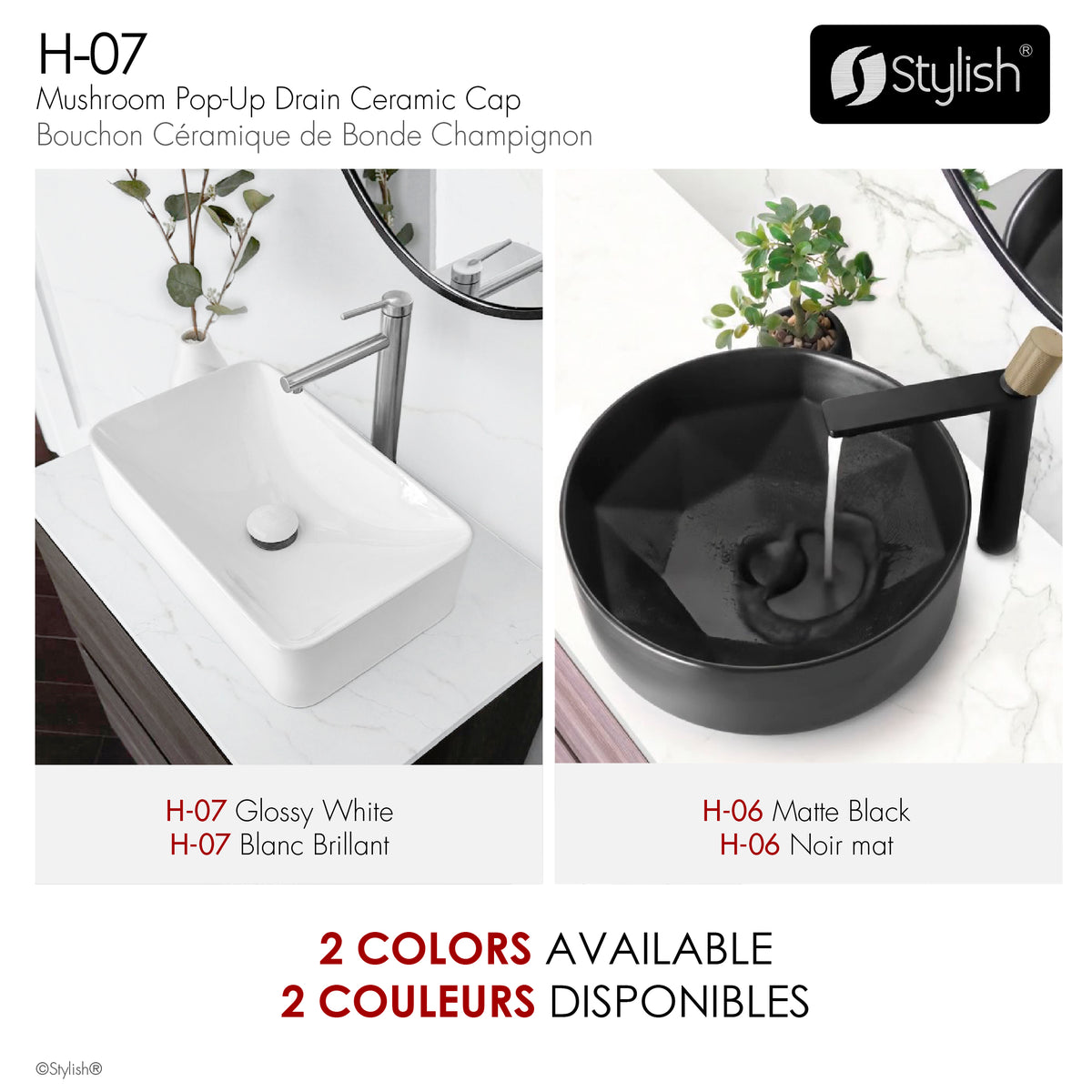 Stylish Pop-Up Drain Glossy White Ceramic Cap H-07