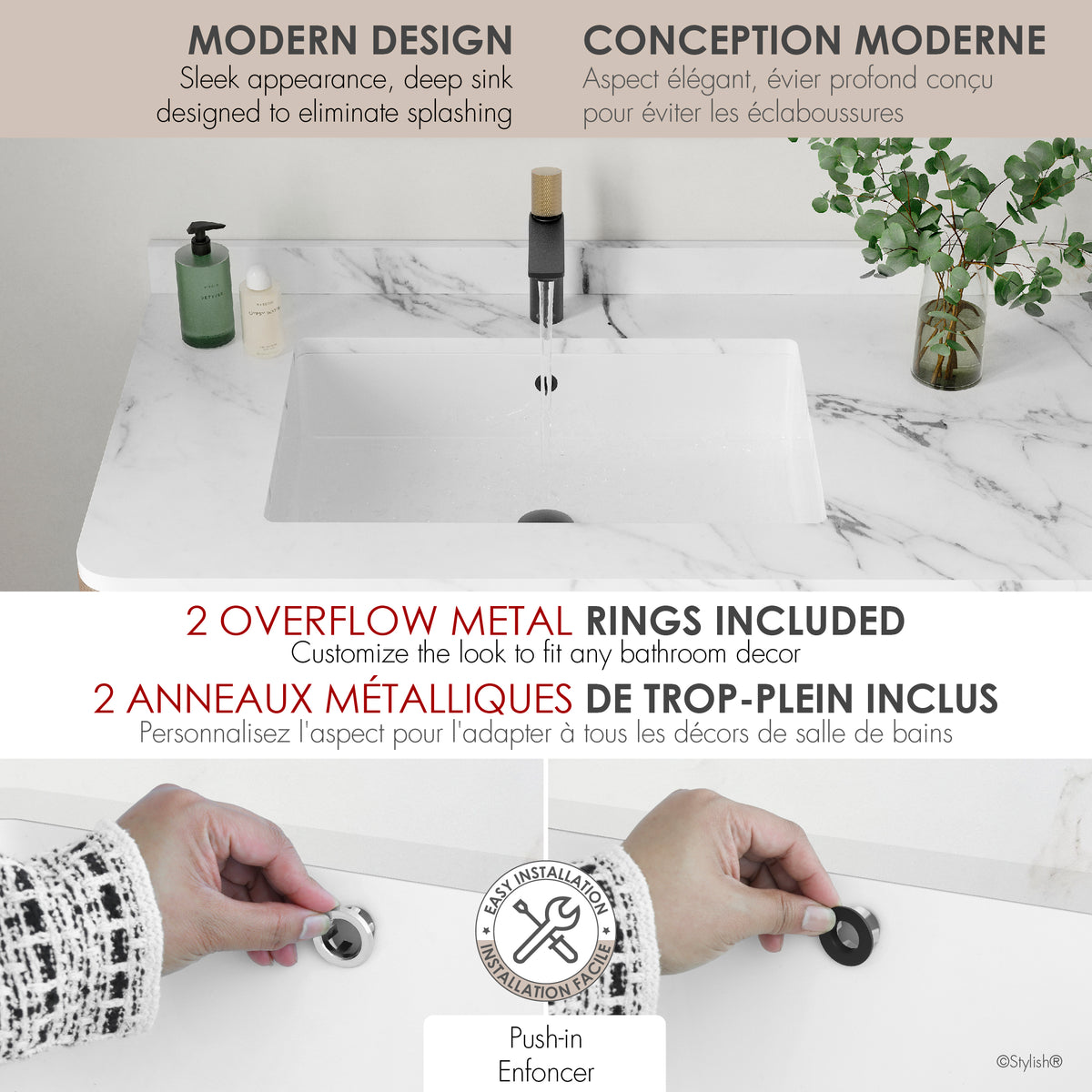 Stylish Voguish 24 1/2" White Rectangular Undermount Bathroom Sink P-208