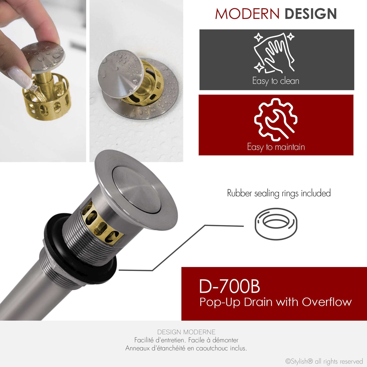 Stylish Pop-Up Bathroom Sink Drains Set with Overflow Brushed Nickel D-700B2