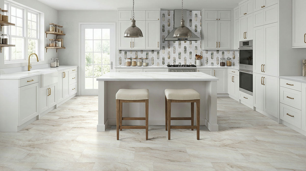 MSI Bianco Dolomite Moderno Polished Marble mosaic (SMOT-BIANDOL-MODP) – MSI room scene (kitchen)