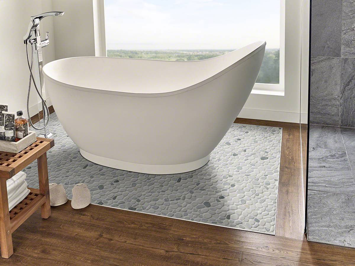 MSI Black and White Pebbles Pattern Tumbled Marble mosaic (THDW1-SH-PEB) – MSI room scene