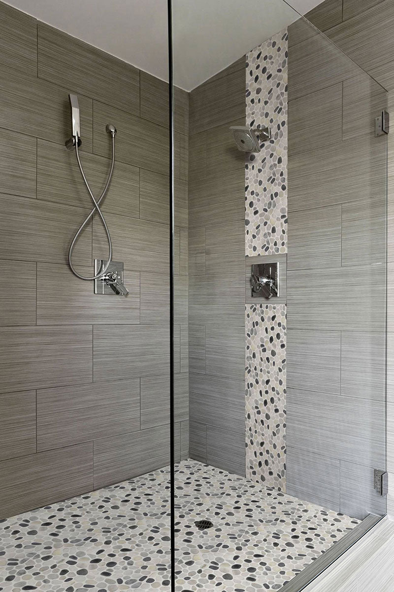 MSI Black and White Pebbles Pattern Tumbled Marble mosaic (THDW1-SH-PEB) – MSI room scene