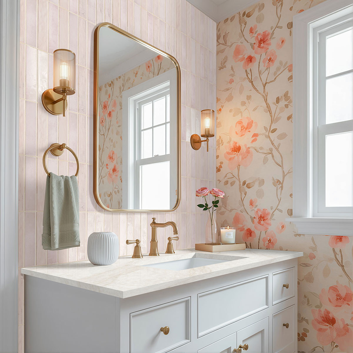 MSI Stella Blush 2 x 10 Glossy Porcelain tile (NSTEBLU2X10G) – MSI room scene (bathroom)