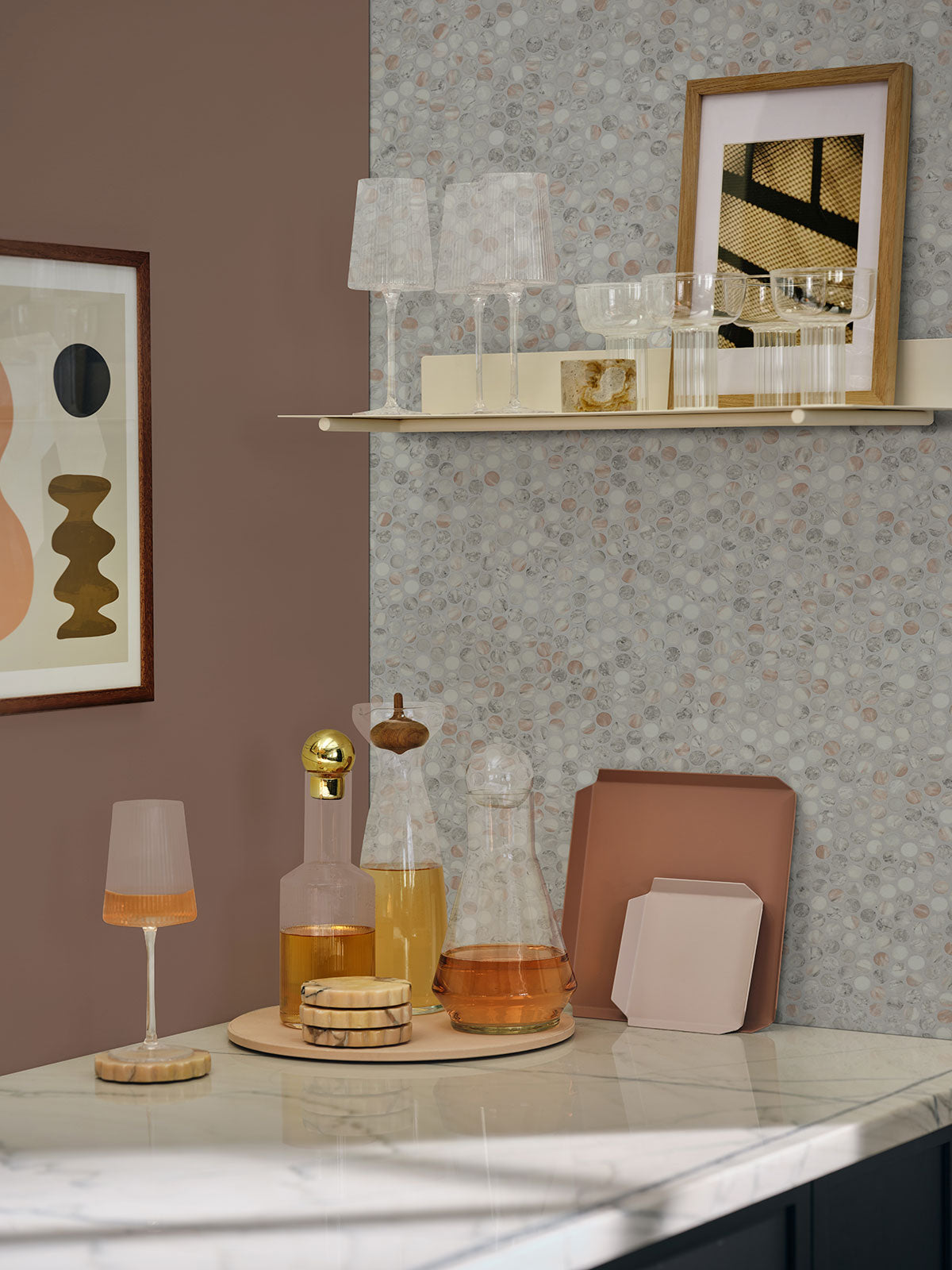 MSI Briar Rosa Pennyround Matte Glass mosaic (SMOT-GLS-PENRD-BRIROS6MM) – MSI room scene (kitchen)