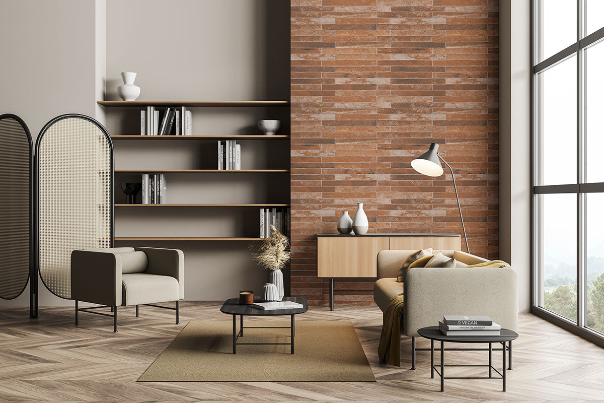 MSI Brickstone Red Brick 2 x 18 Matte Porcelain tile (NCAPREDBRI2X18) – MSI room scene (living room)