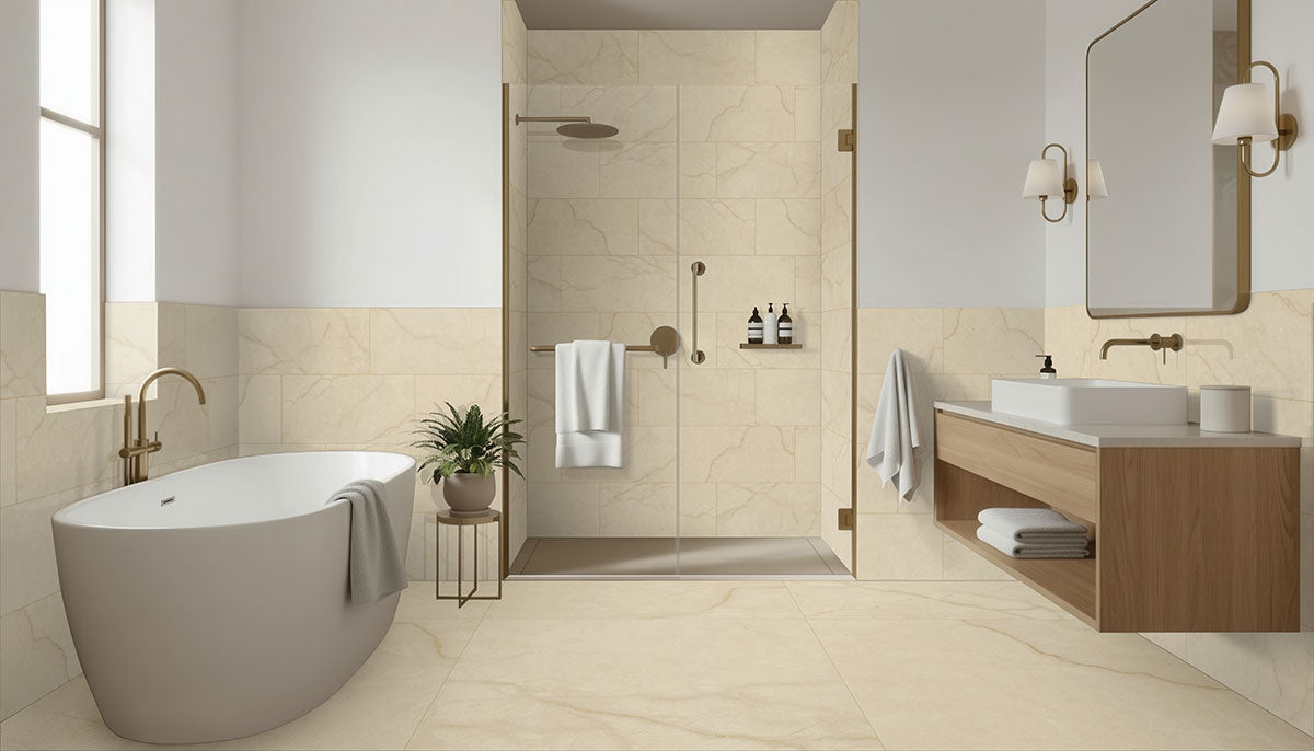 MSI Brighton Crema 24 x 24 Polished Porcelain tile (NBRICRE2424P) – MSI room scene (bathroom)