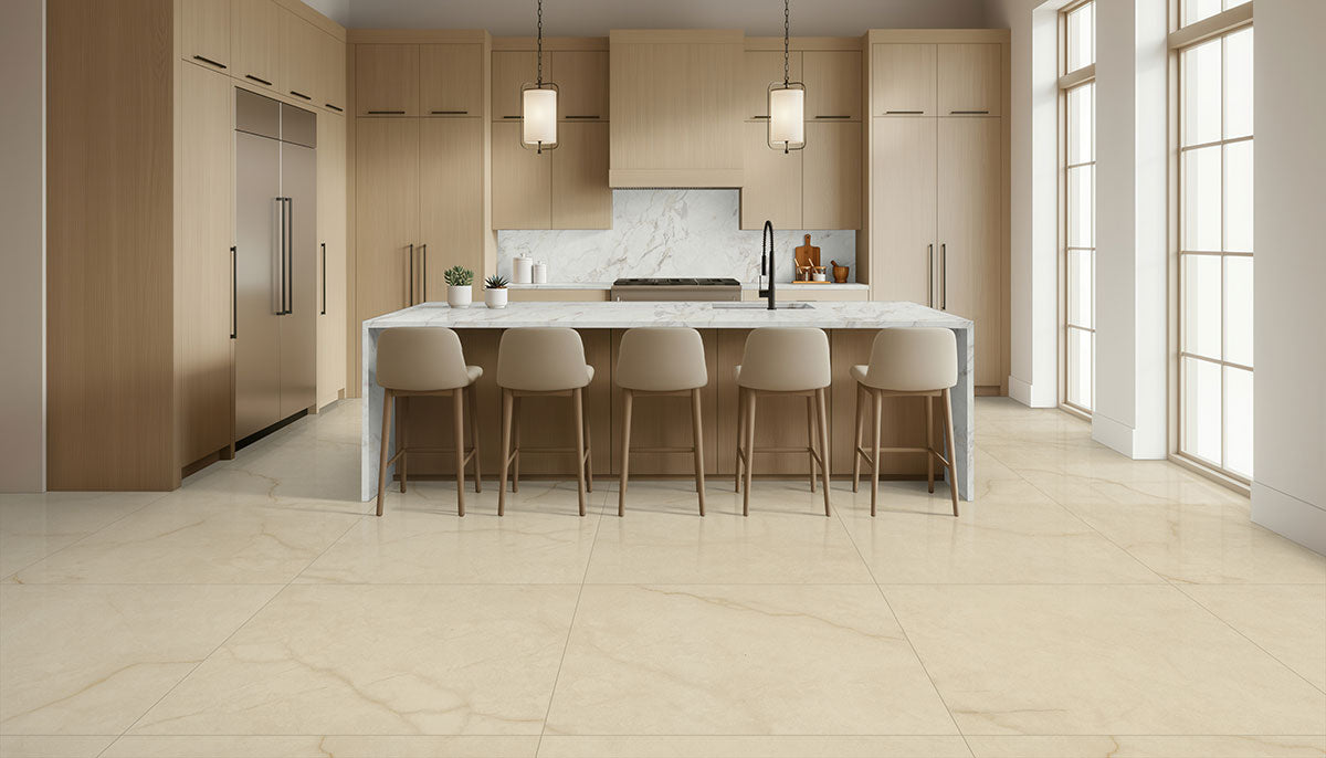 MSI Brighton Crema 24 x 48 Polished Porcelain tile (NBRICRE2448P) – MSI room scene (kitchen)