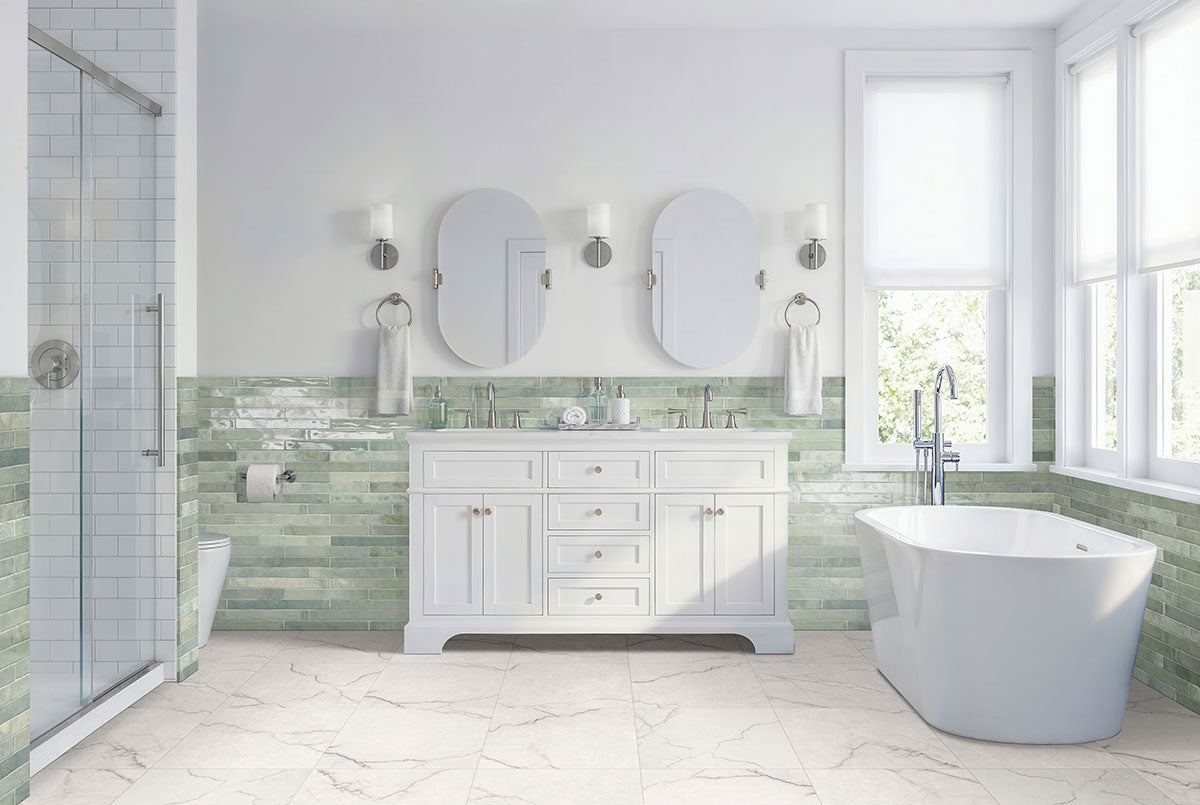Brighton Grey marble-look porcelain tile in a bathroom