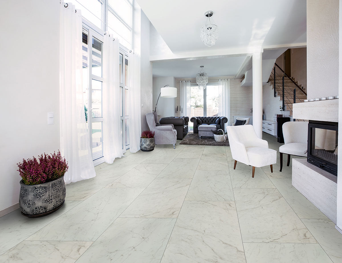 MSI Kaya Carrara Bianco 3 x 24 Polished Porcelain trim (NKAYCARBIA3X24BNP) – MSI room scene