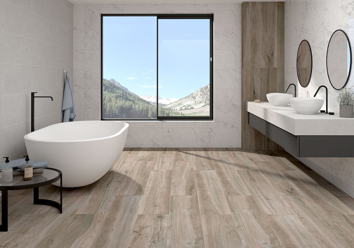 MSI Kaya Carrara Bianco 3 x 24 Polished Porcelain trim (NKAYCARBIA3X24BNP) – MSI room scene