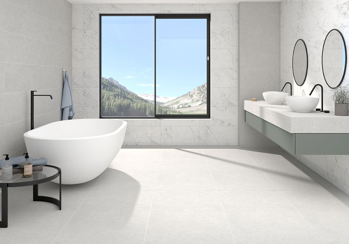 MSI Kaya Carrara Bianco 3 x 24 Polished Porcelain trim (NKAYCARBIA3X24BNP) – MSI room scene