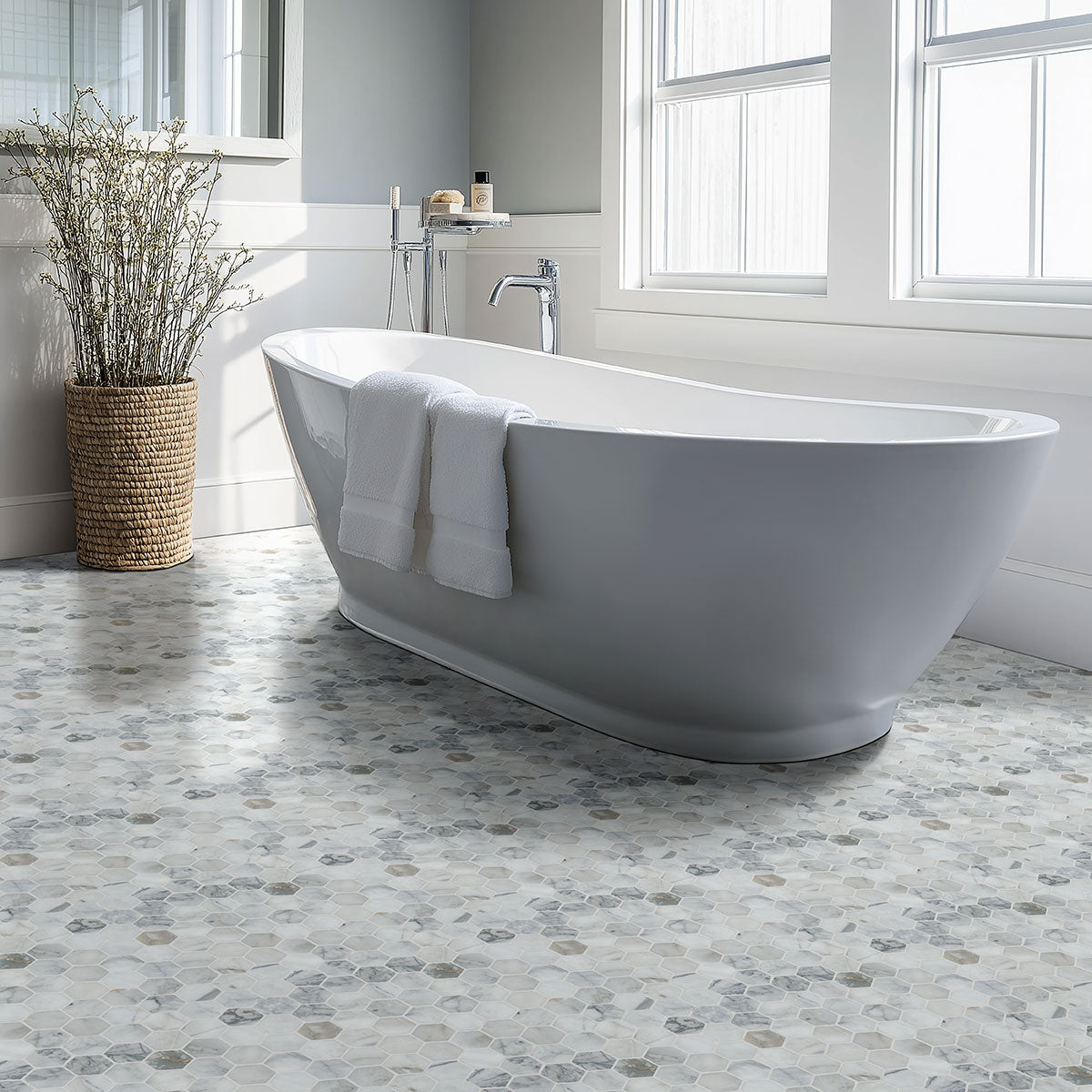 MSI Calacatta Cressa 2" Hexagon Honed Marble mosaic (SMOT-CALCRE-2HEXH) – MSI room scene (bathroom)