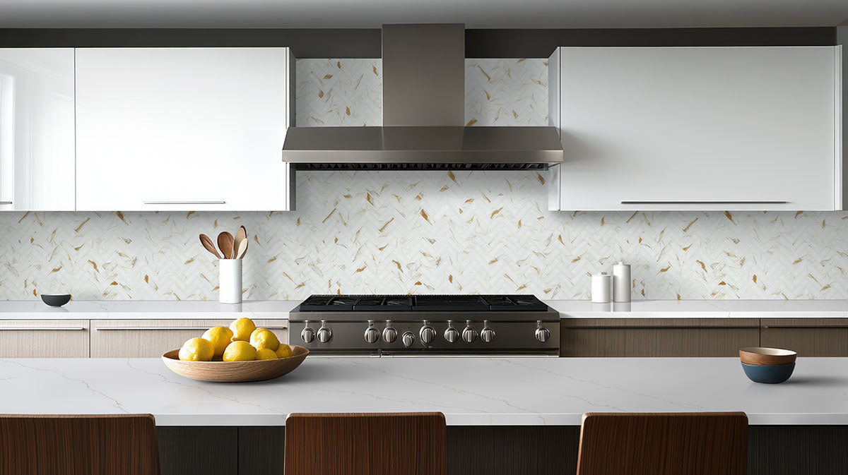MSI Calacatta Gold 1 x 3 Matte Porcelain mosaic (SMOT-PT-CALGLD-1X3HBM) – MSI room scene (kitchen)