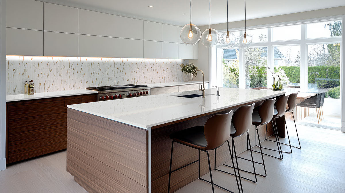 MSI Calacatta Gold 1 x 6 Matte Porcelain mosaic (SMOT-PT-CALGLD-1X6STM) – MSI room scene (kitchen)