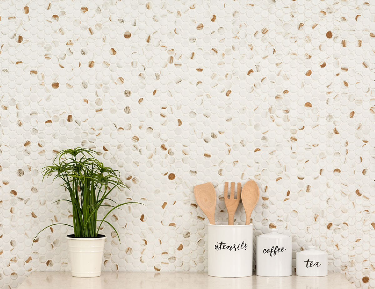 MSI Calacatta Gold Round Matte Porcelain mosaic (SMOT-PT-CALGLD-ROUM) – MSI room scene
