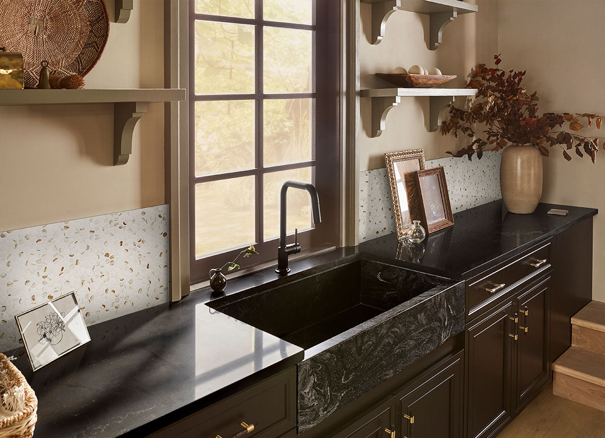 MSI Calacatta Gold Round Matte Porcelain mosaic (SMOT-PT-CALGLD-ROUM) – MSI room scene