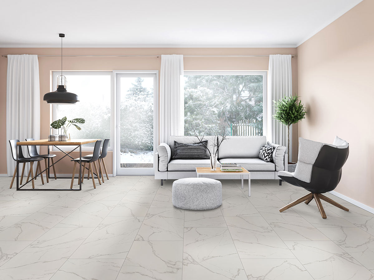 MSI Kaya Calacatta Venato 3 x 24 Polished Porcelain trim (NKAYCALVEN3X24BNP) – MSI room scene
