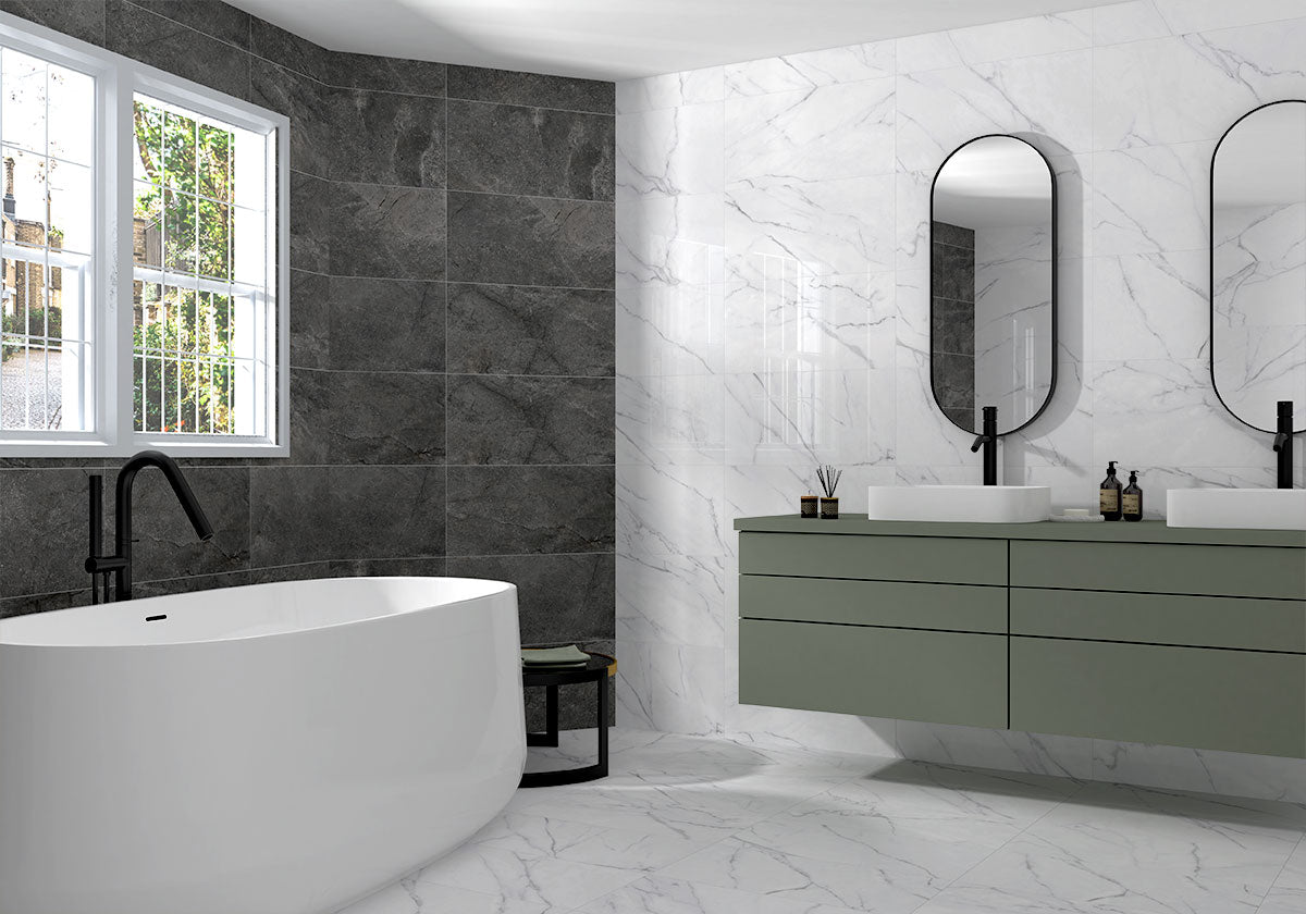 MSI Kaya Calacatta Venato 3 x 24 Polished Porcelain trim (NKAYCALVEN3X24BNP) – MSI room scene
