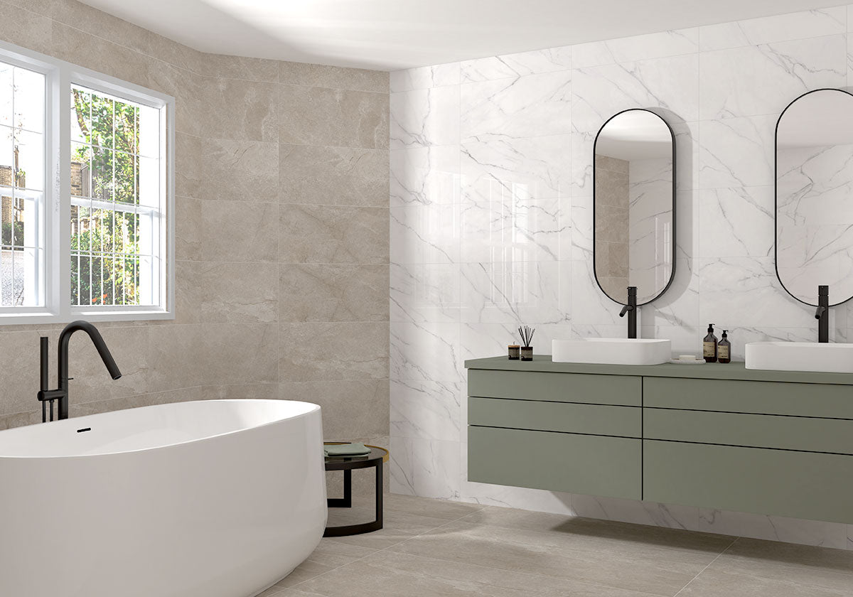 MSI Kaya Calacatta Venato 3 x 24 Polished Porcelain trim (NKAYCALVEN3X24BNP) – MSI room scene