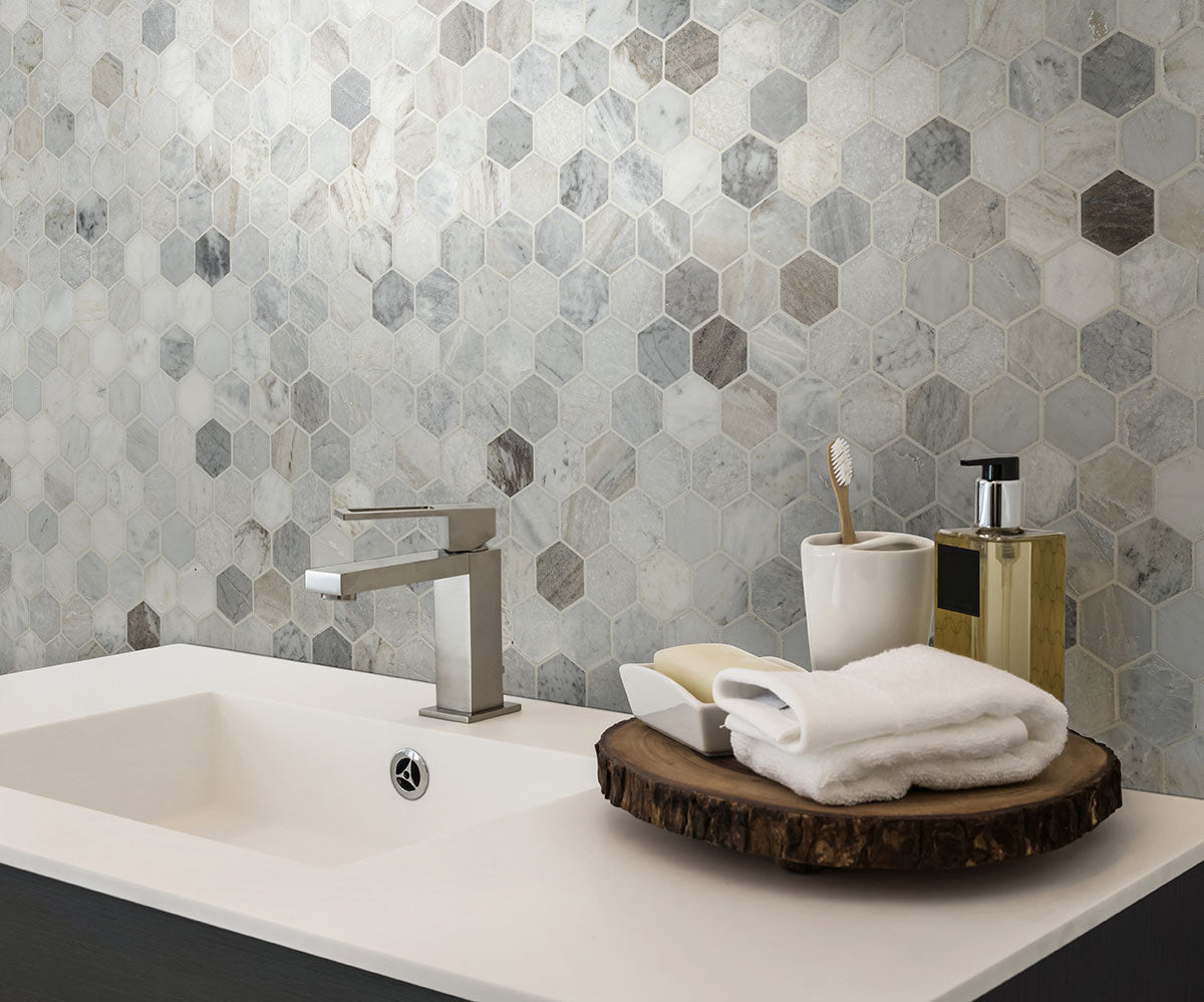 MSI Capri Blue 2" Hexagon Honed Marble mosaic (SMOT-CAPBLU-2HEXH) – MSI room scene (bathroom)