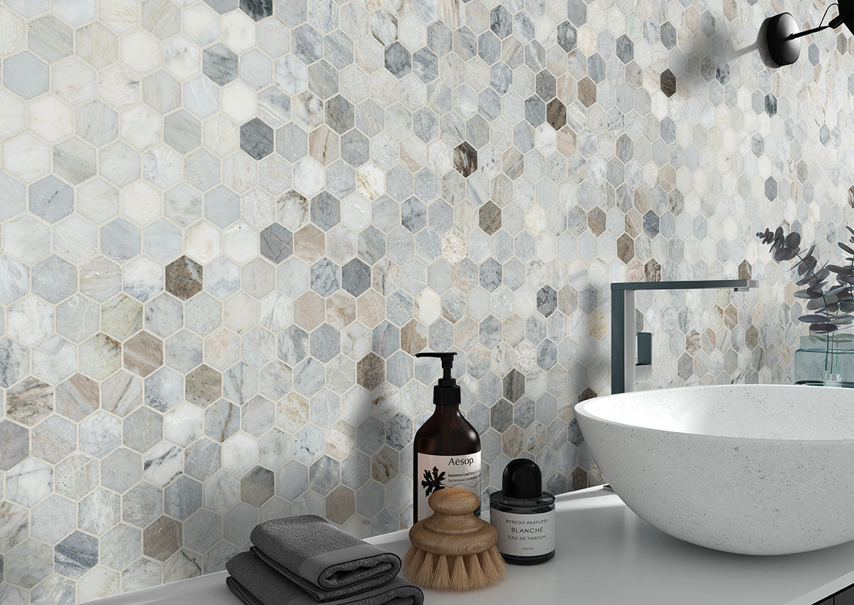 MSI Capri Blue 2" Hexagon Honed Marble mosaic (SMOT-CAPBLU-2HEXH) – MSI room scene (bathroom)
