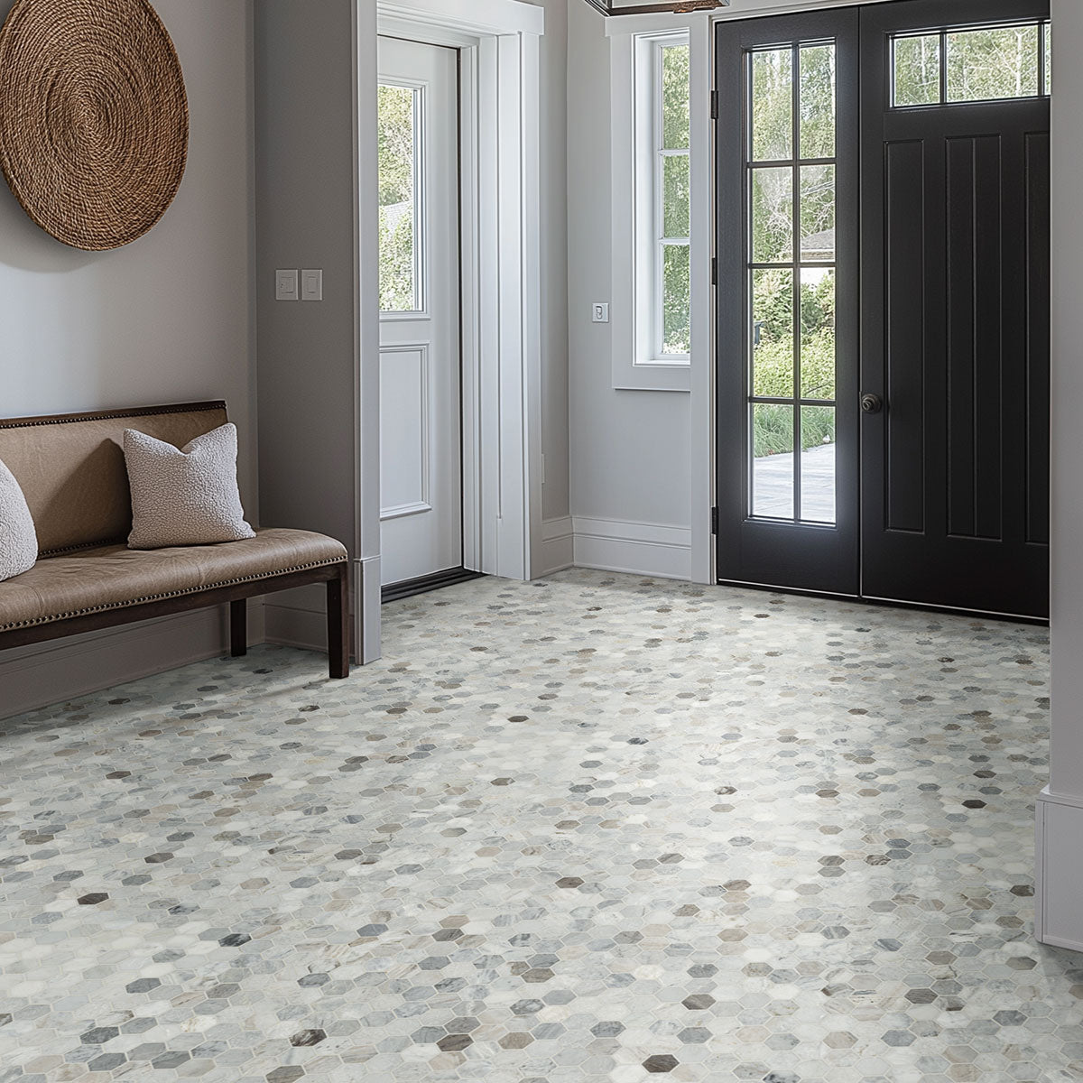 MSI Capri Blue 2" Hexagon Honed Marble mosaic (SMOT-CAPBLU-2HEXH) – MSI room scene (entryway)