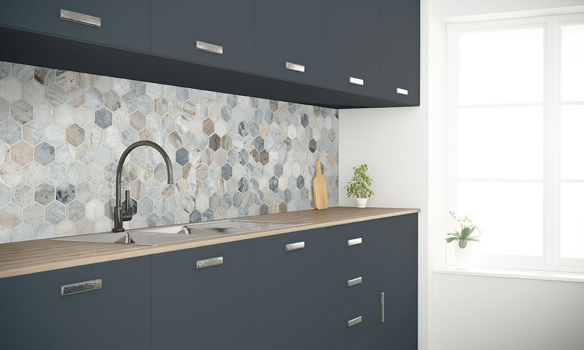 MSI Capri Blue 2" Hexagon Honed Marble mosaic (SMOT-CAPBLU-2HEXH) – MSI room scene (kitchen)