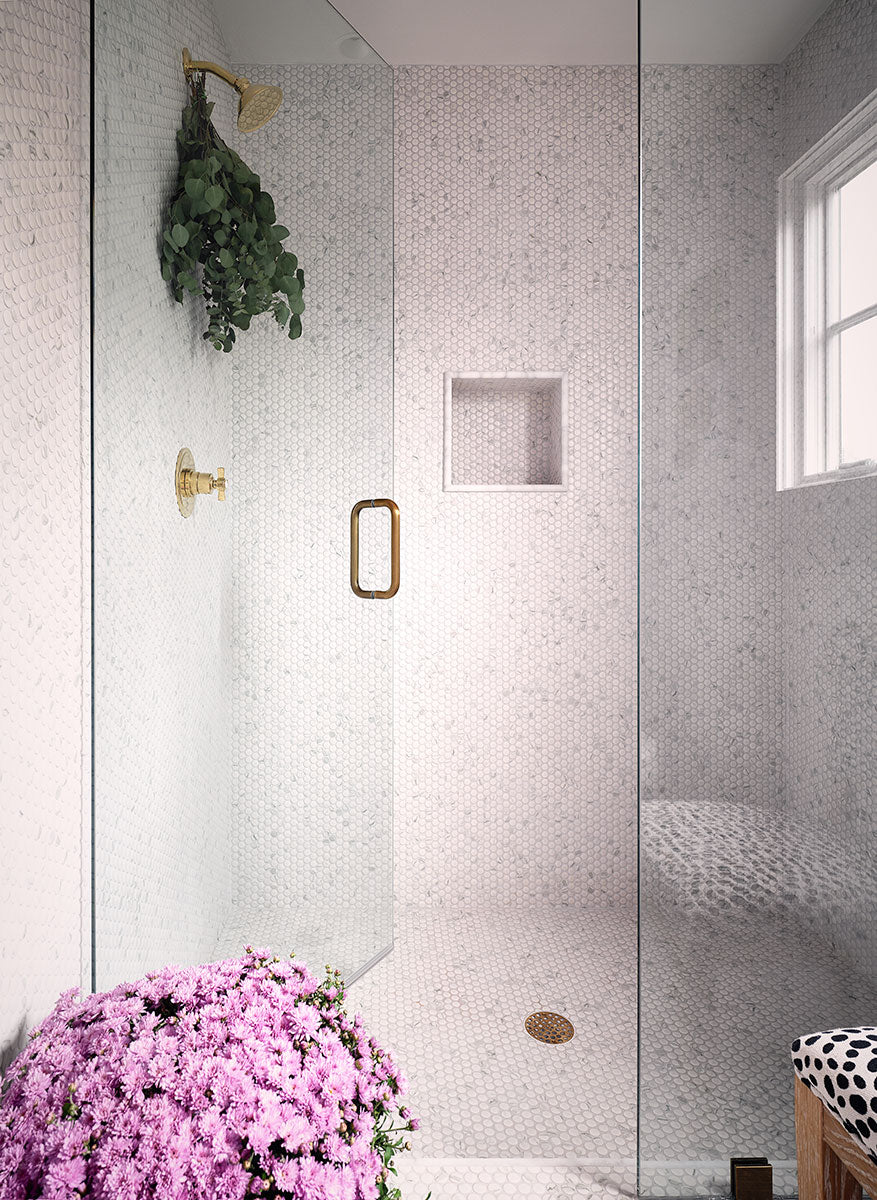 MSI Carrara Penny Round Matte Porcelain mosaic (SMOT-PT-PENRD-CARM) – MSI room scene